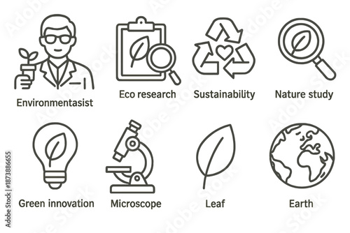 Eco research and sustainability icons: science, nature, innovation