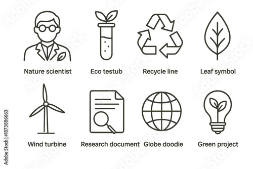 Eco icons: nature scientist, test tube, recycle, leaf, wind turbine, research, globe, green project
