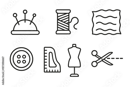 Sewing tools icons: pincushion, thread, fabric, button, ruler, mannequin, scissors