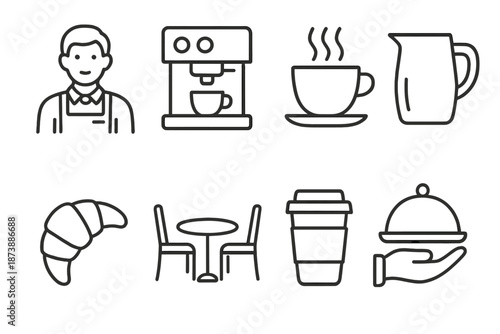 Cafeteria icon set with male barista and coffee essentials