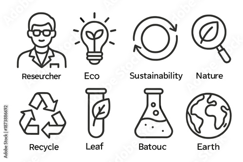 Eco research icons: sustainability, nature, recycling, earth, innovation