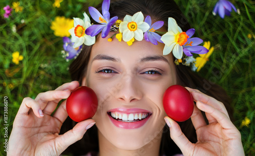 Closeup portrait of a beautiful woman, wearing a delicate spring flowers crown, holding two red Easter eggs to both cheeks and smile, enjoying springtime holidays outdoors lying in the grass meadow