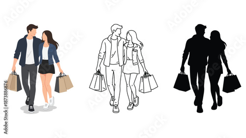 A young couple walking together with shopping bags in hand happily