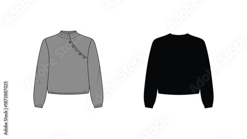 Three different colored sweaters with unique design elements on a white background