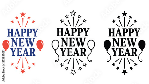 A colorful Happy New Year logo with balloons and stars on a white background