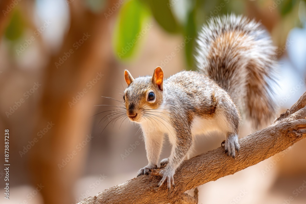 Obraz premium Red squirrel perched on a branch in soft light