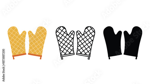 A set of colorful oven mitts on a white background for cooking