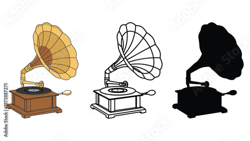 Three vintage gramophones in different styles on a white background