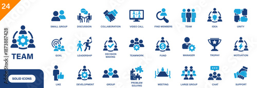 Team icon. Includes people, problem solving, teamwork, unity, group, support, find members. Solid vector icon set.
