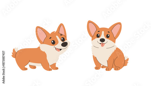 Cute cartoon welsh corgi dog set. Vector illustration.