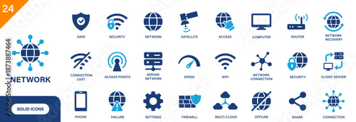 Network icon. Includes internet, router, connect, offline, wifi, server network. Solid vector icon set.