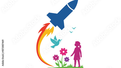 A young girl watches as a rocket ship blasts off into the sky near flowers and a dove.