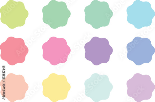Pastel rounded floral shapes arranged in a clean grid on a white background.