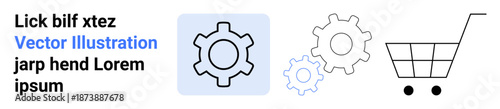 Gear mechanisms illustrating process automation alongside a simple shopping cart icon. Ideal for e-commerce, technology, business solutions, marketing, industry, retail, and simple landing page