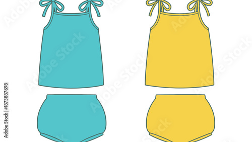 A collection of colorful swimsuits for women and children on a white background