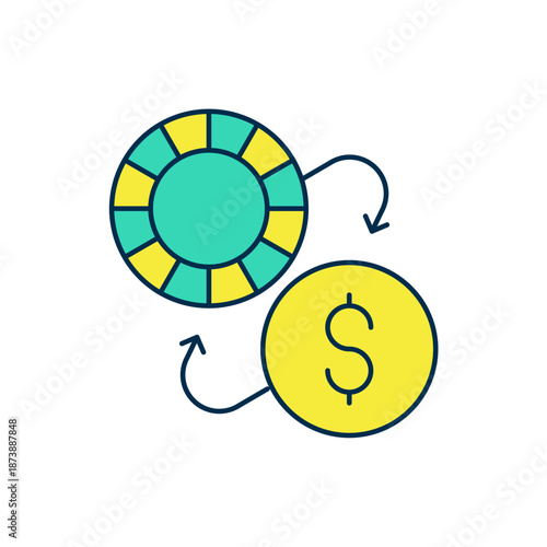 Filled outline Casino chips exchange on dollar icon isolated on white background. Vector