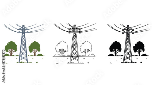 An illustration of a power transmission tower in various artistic styles and color schemes