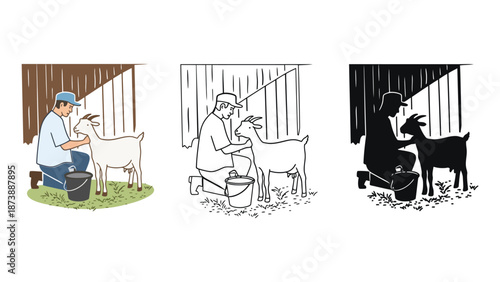 A farmer milking a goat in a rustic barn with different color schemes