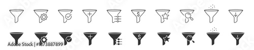 Filter Funnel Icon Set, Data Sorting and Search Tools, UI/UX Interface Controls, Outline and Glyph Styles, Vector Illustration