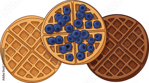 Waffle illustration set with blueberry topping showing classic and chocolate waffles, sweet breakfast dessert food collection isolated on white background