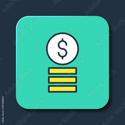 Filled outline Casino chip with dollar symbol icon isolated on blue background. Casino gambling. Turquoise square button. Vector