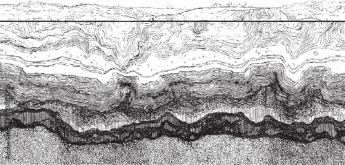 Detailed cross-section of geological strata with contour lines, erosion patterns, and granular textures in monochrome