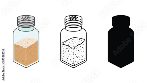 An illustration of salt, pepper, and a generic spice bottle