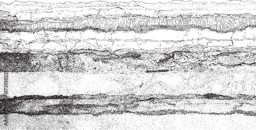 Intricate monochrome depiction of geological strata with diverse textures and cracked surfaces revealing subterranean layers and formations in detail