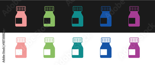 Set Vitamin complex of pill capsule icon isolated on black and white background. Healthy lifestyle. Vector