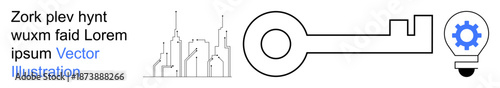 Innovation, urban development, cybersecurity, business solutions, technology, and growth. Outline of key, skyline and gear light bulb. Innovation and urban development concepts