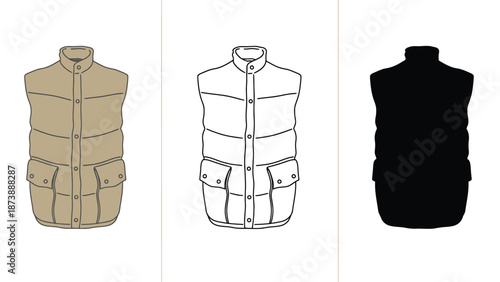 Three different colored puffer vests on a white background
