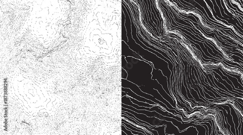 Split featuring a white topographic map pattern on white and a contrasting white topographic map on black