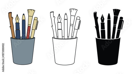 Three cups of colorful pens and pencils on a white background