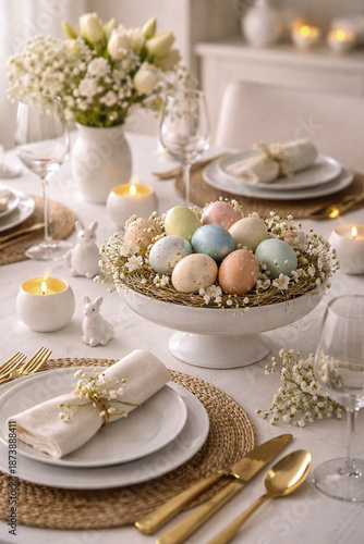 Minimalist White Table Setting with Elegant Easter Egg Centerpiece