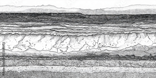 Complex monochrome of geological layers showcasing a variety of line work, stippling, and granular textures in a detailed and artistic representation