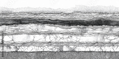 Textured monochrome depicting geological strata with diverse patterns including stippling, hatching, and cracked textures creating a rich visual narrative