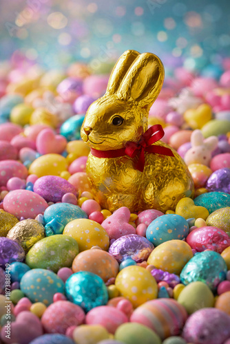 Golden Chocolate Easter Bunny Surrounded by Soft Pastel Candy Sweets and eggs