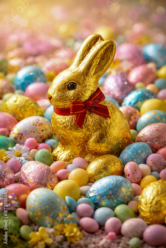 Golden Chocolate Easter Bunny Surrounded by Soft Pastel Candy Sweets