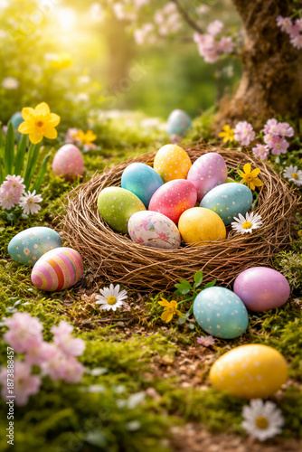 Colorful Easter Eggs Arranged in a Rustic Spring Nature Setting