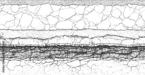 Striking monochrome abstract background featuring distinct horizontal bands of cracked surfaces and dense granular textures