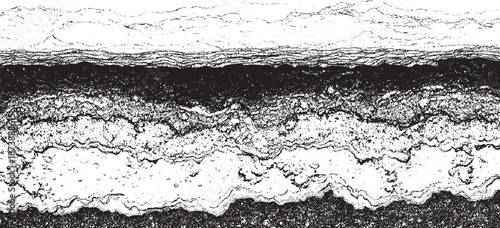Abstract monochrome textured landscape with layered geological strata and rough organic patterns creating a sense of depth and natural formation