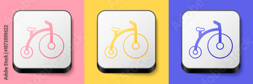 Isometric Vintage bicycle with one big wheel and one small icon isolated on pink, yellow and blue background. Bike public transportation sign. Square button. Vector