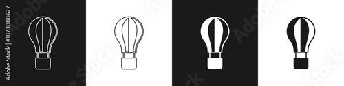Set Hot air balloon icon isolated on black and white background. Air transport for travel. Vector