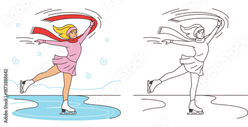 Happy woman figure skating on ice wearing a red scarf in winter vector illustration with black and white outline for coloring book