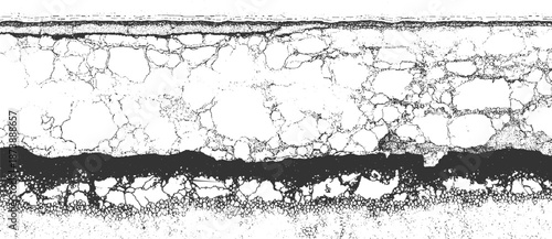 Abstract monochrome texture resembling cracked earth or ice with a dark horizontal band and granular details, creating a distressed, background