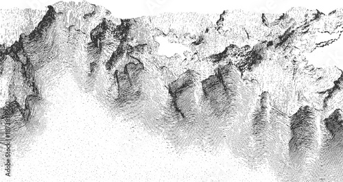 Topographic contour map rendering of a rugged mountainous landscape with detailed lines and dots creating a textured, abstract geological terrain in monochrome
