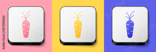 Isometric Carrot icon isolated on pink, yellow and blue background. Square button. Vector