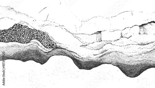 Detailed cross-section of geological strata showing layers of rock and sediment with a distinct granular deposit