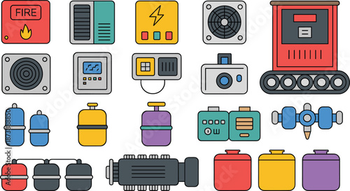 Industrial gas cylinders, valves and safety equipment vector icons, control panels, compressors, sensors, plumbing fittings, storage tanks and HVAC components set