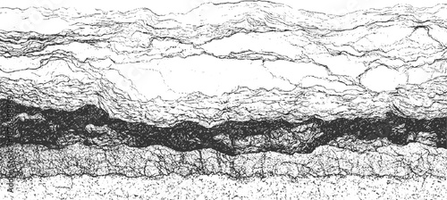 Intricate abstract pattern resembling geological strata or cracked earth with dense, dark, textured bands and fine linear details